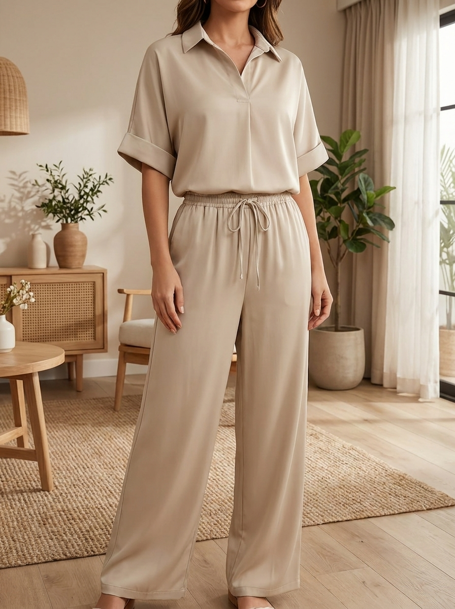 Women’s Satin-Finish Lounge Set | V-Neck Tunic & Wide-Leg Trousers
