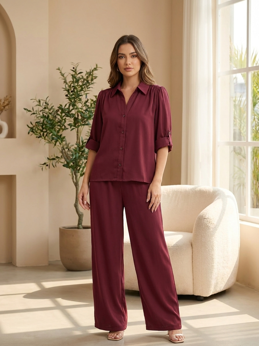 طقم قميص وبنطال واسع الساقين للنساء