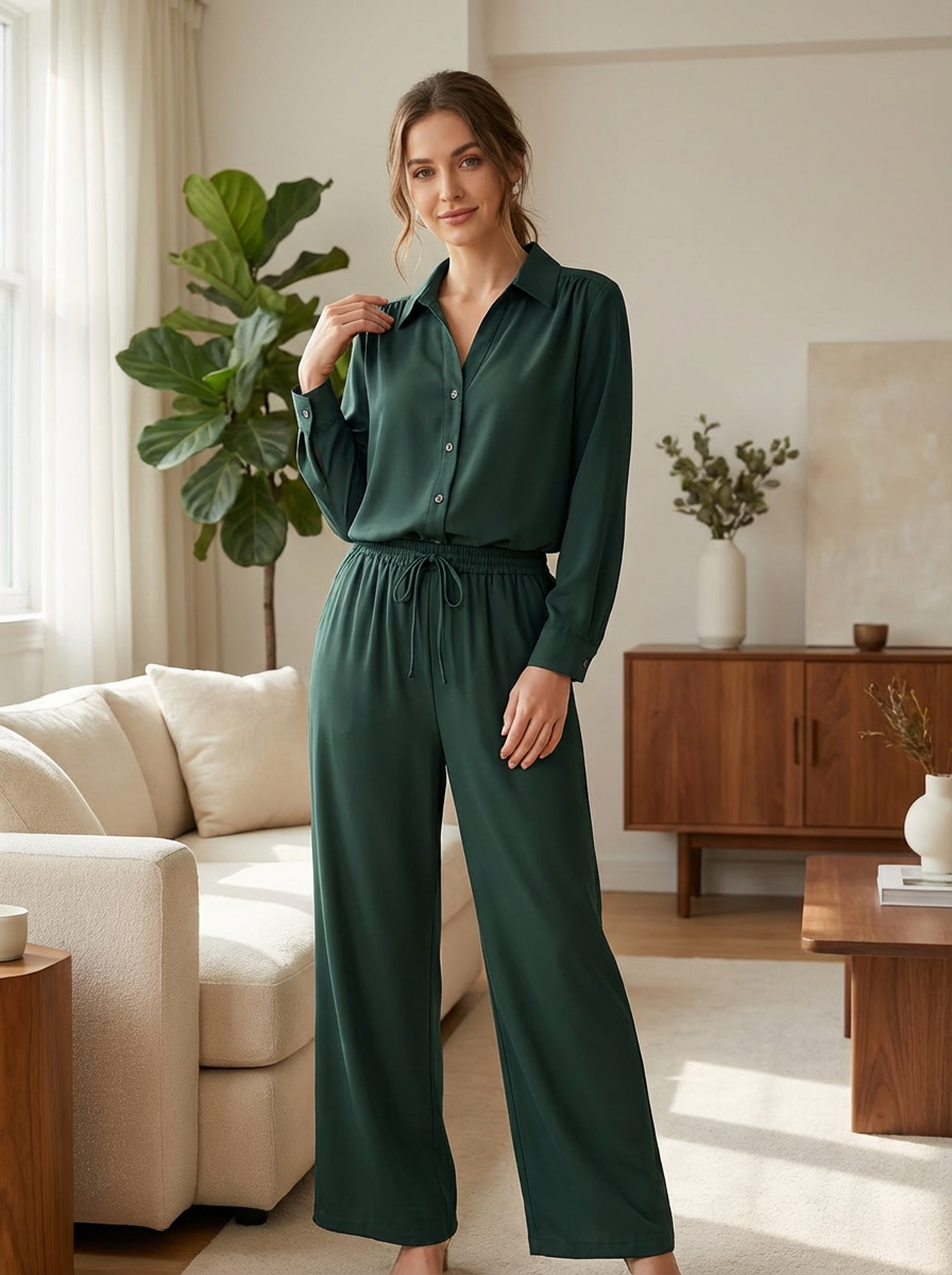 Women’s Satin-Finish Lounge Set | Button-Down Tunic & Wide-Leg Trousers