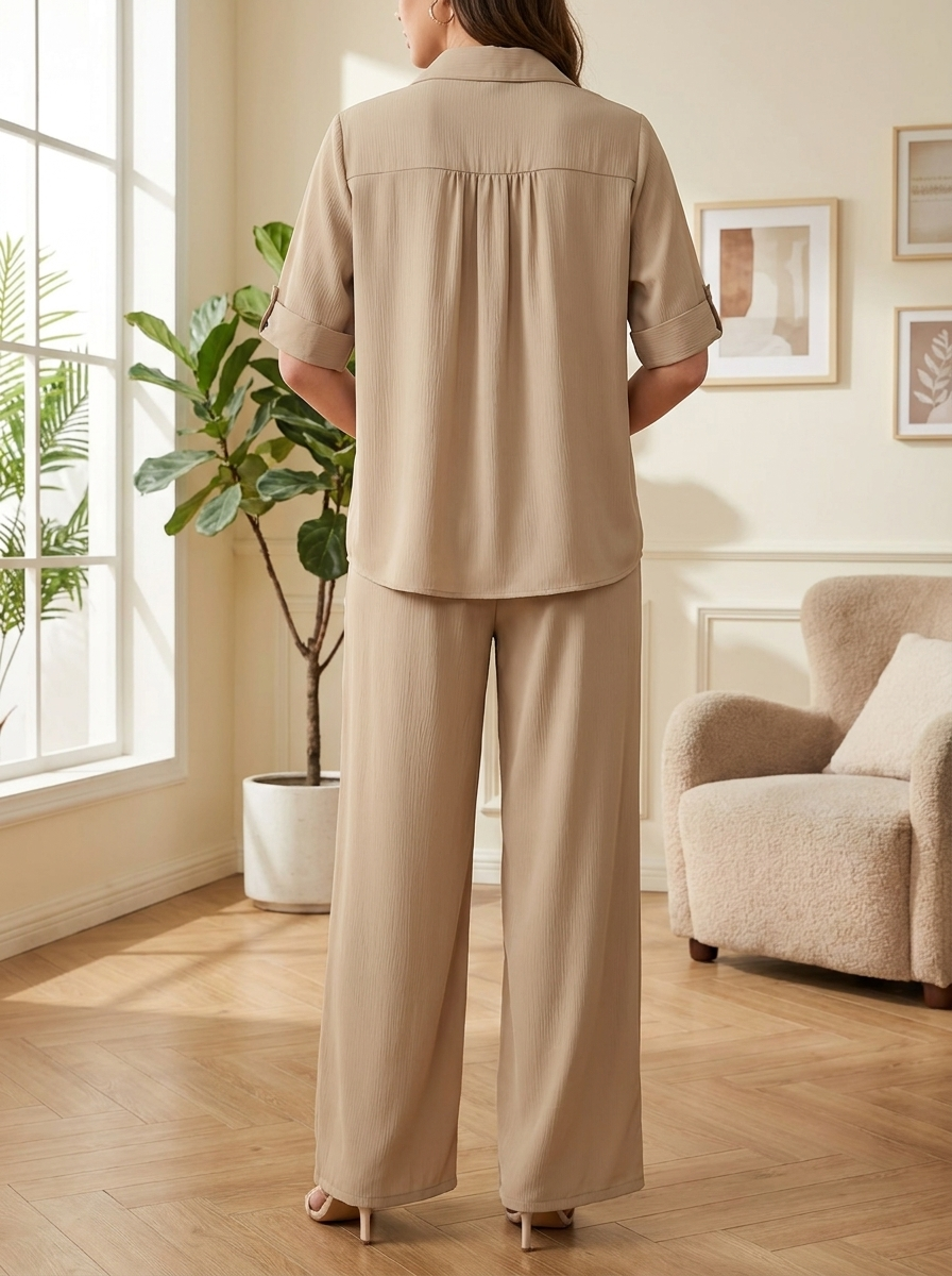 طقم قميص وبنطال واسع الساقين للنساء