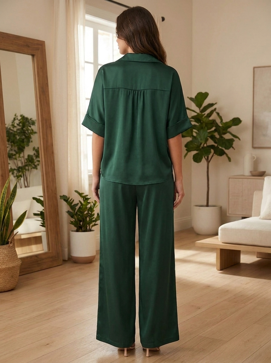 Women’s Satin-Finish Lounge Set | Button-Down Tunic & Wide-Leg Trousers
