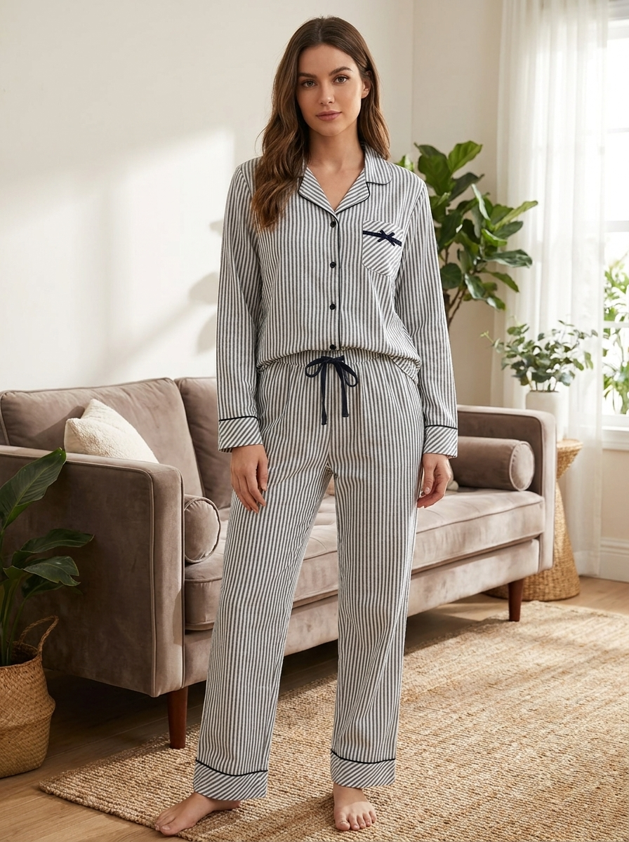 Women’s Satin-Finish Lounge Set | Button-Down Tunic & Wide-Leg Trousers in Midnight Black