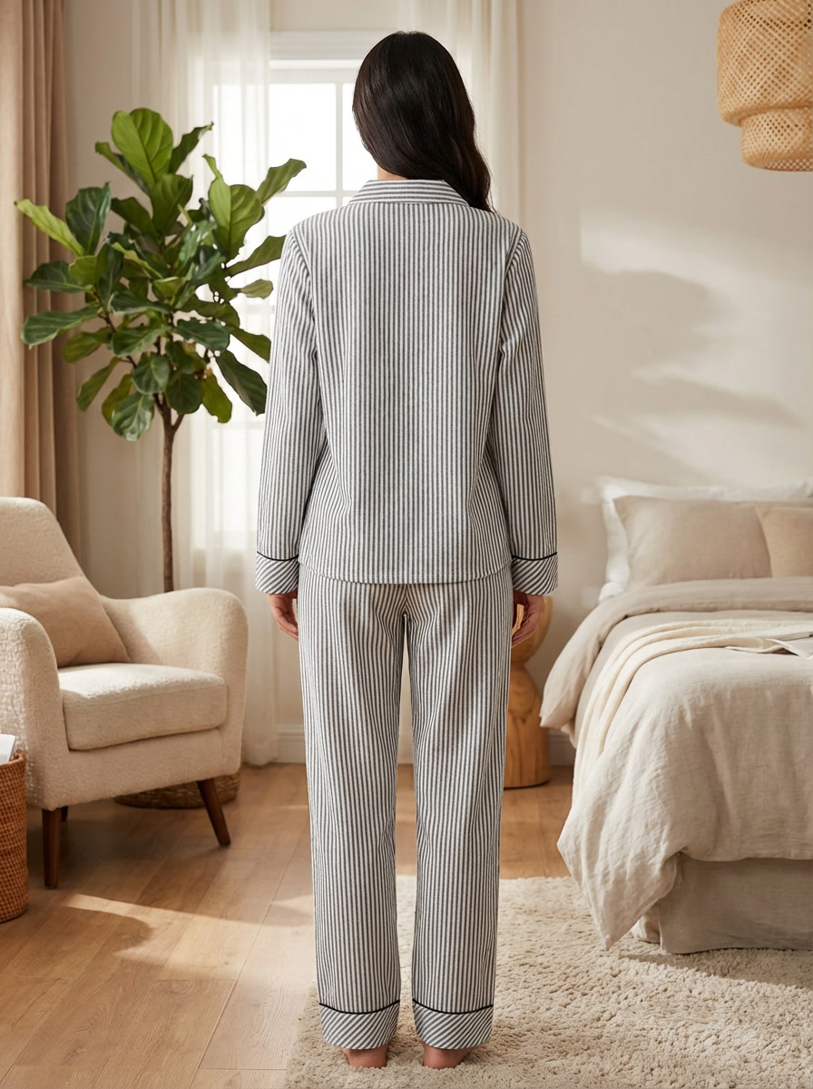 Women’s Satin-Finish Lounge Set | Button-Down Tunic & Wide-Leg Trousers in Midnight Black