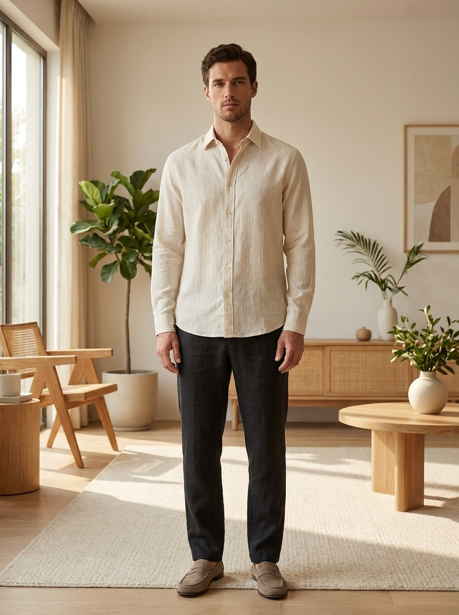 Men’s Premium Linen-Blend Long Sleeve Shirt | Creamy Off-White