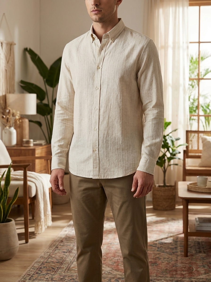 Men’s Premium Linen-Blend Long Sleeve Shirt | Creamy Off-White