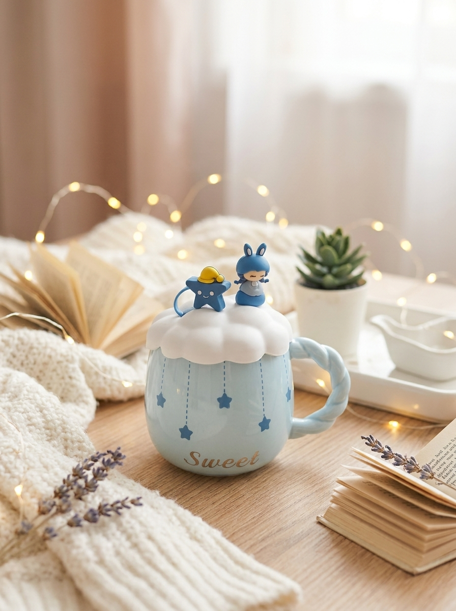 Kawaii Pastel Blue Ceramic Mug with Cloud Lid - Coffee Cup