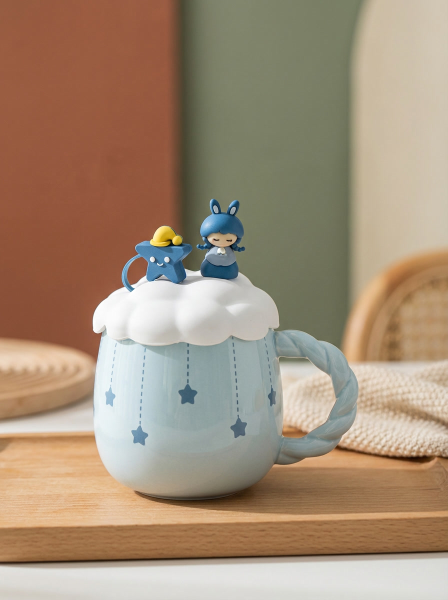 Kawaii Pastel Blue Ceramic Mug with Cloud Lid - Coffee Cup