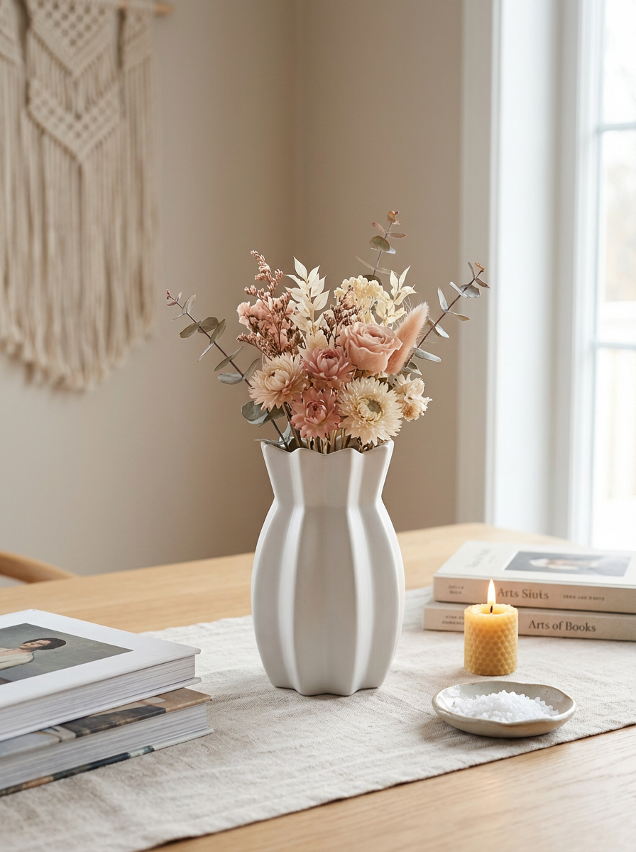 Ribbed Ceramic Scalloped Vase – Minimalist Wavy Home Decor