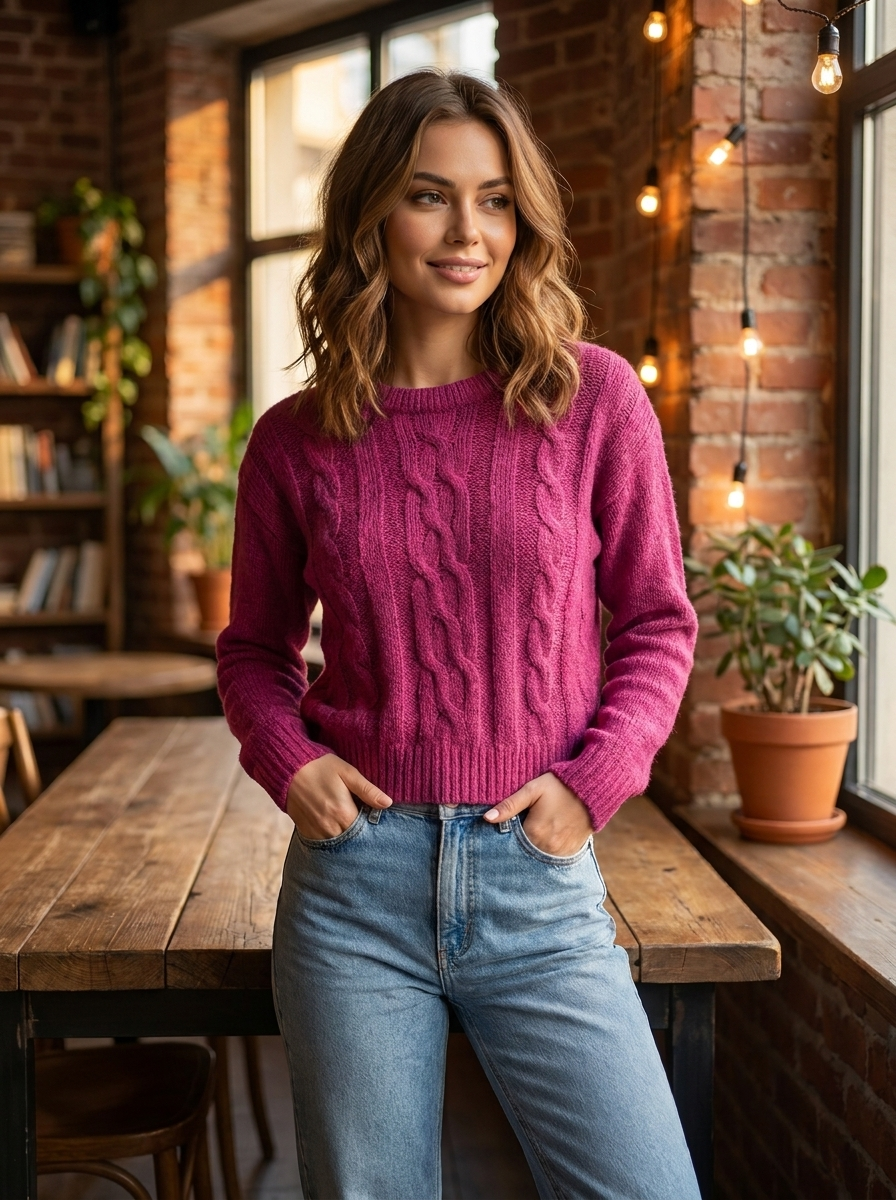 Women's Classic Cable Knit Pullover Sweater | Cozy Crewneck Top