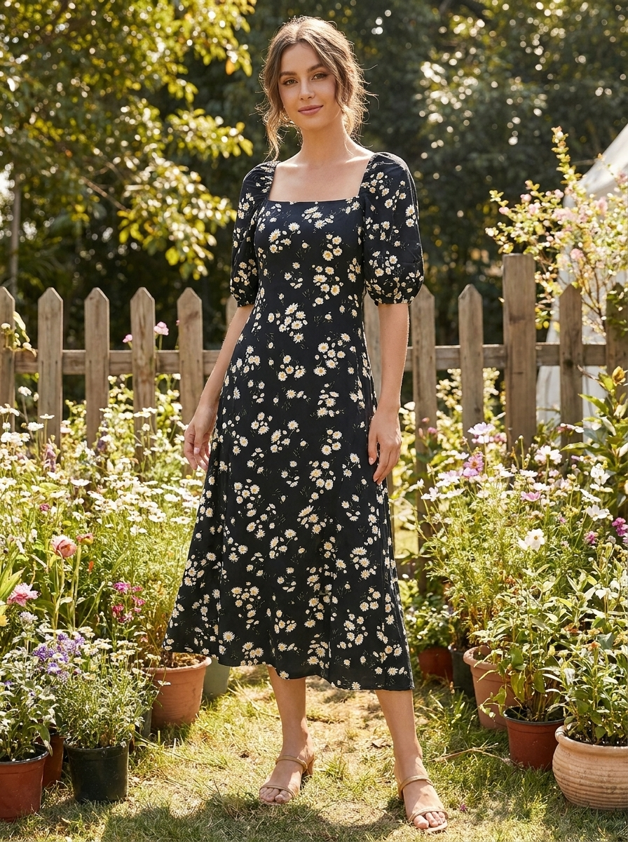 Daisy Print Puff Sleeve Midi Dress - Square Neck A-Line Floral