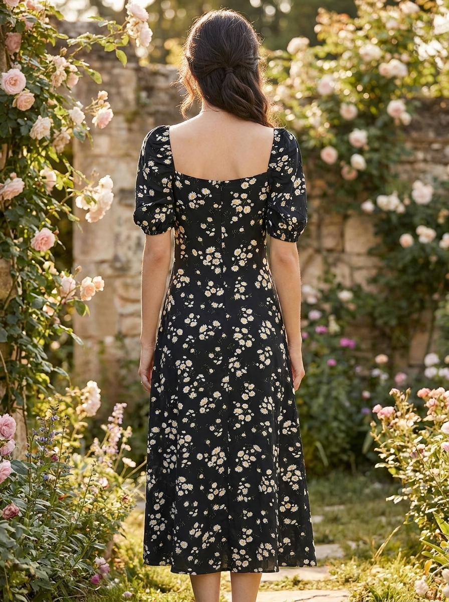 Daisy Print Puff Sleeve Midi Dress - Square Neck A-Line Floral