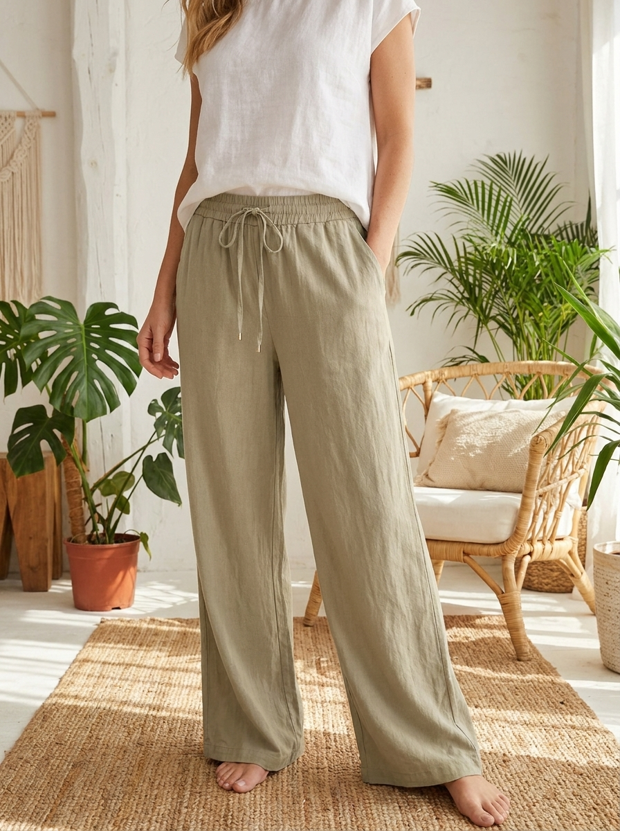 Linen-Blend Drawstring Wide Leg Pants - Breathable Summer Trousers