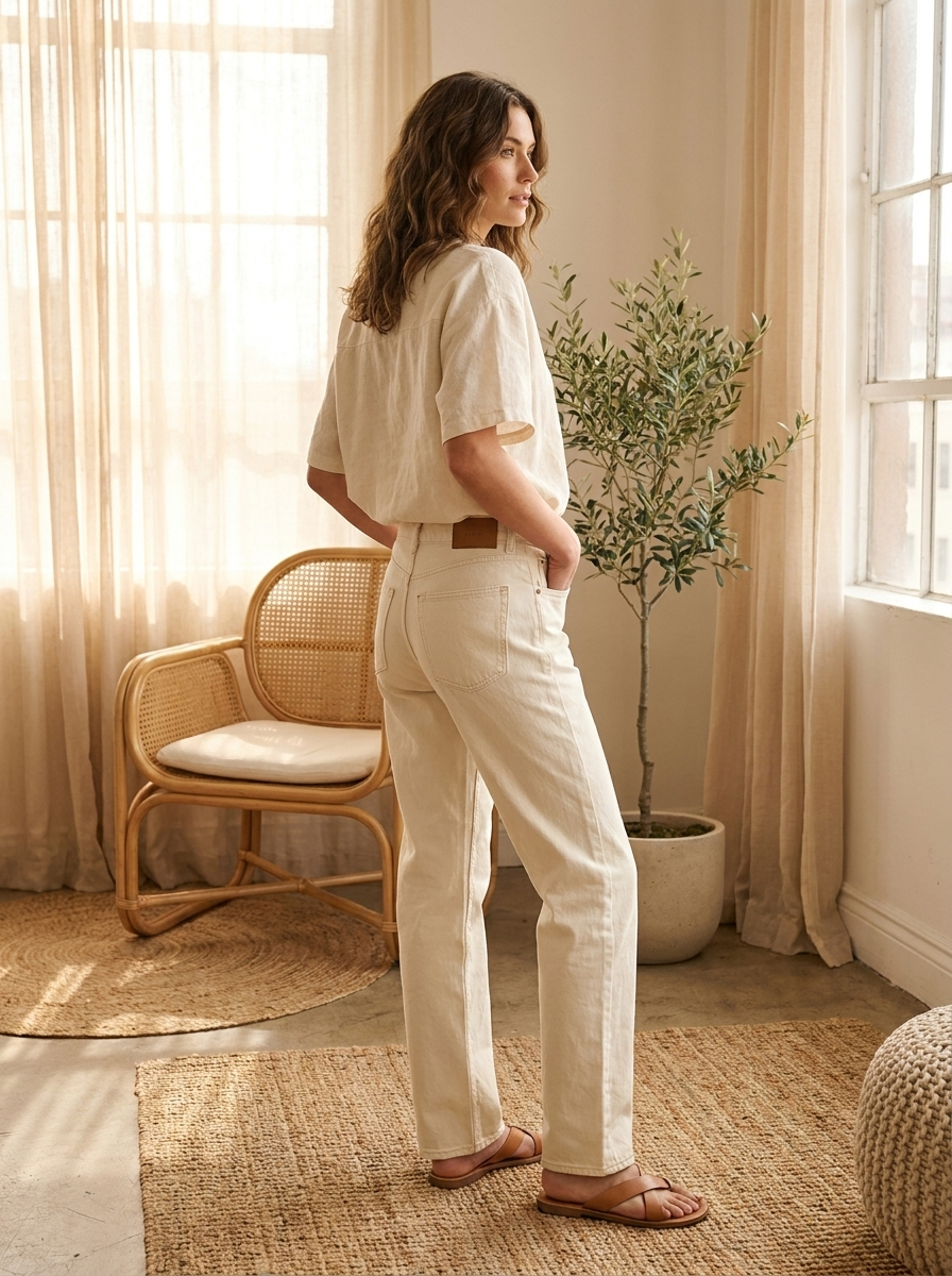 High-Rise Wide Leg Ecru Denim Jeans - Classic Straight Silhouette