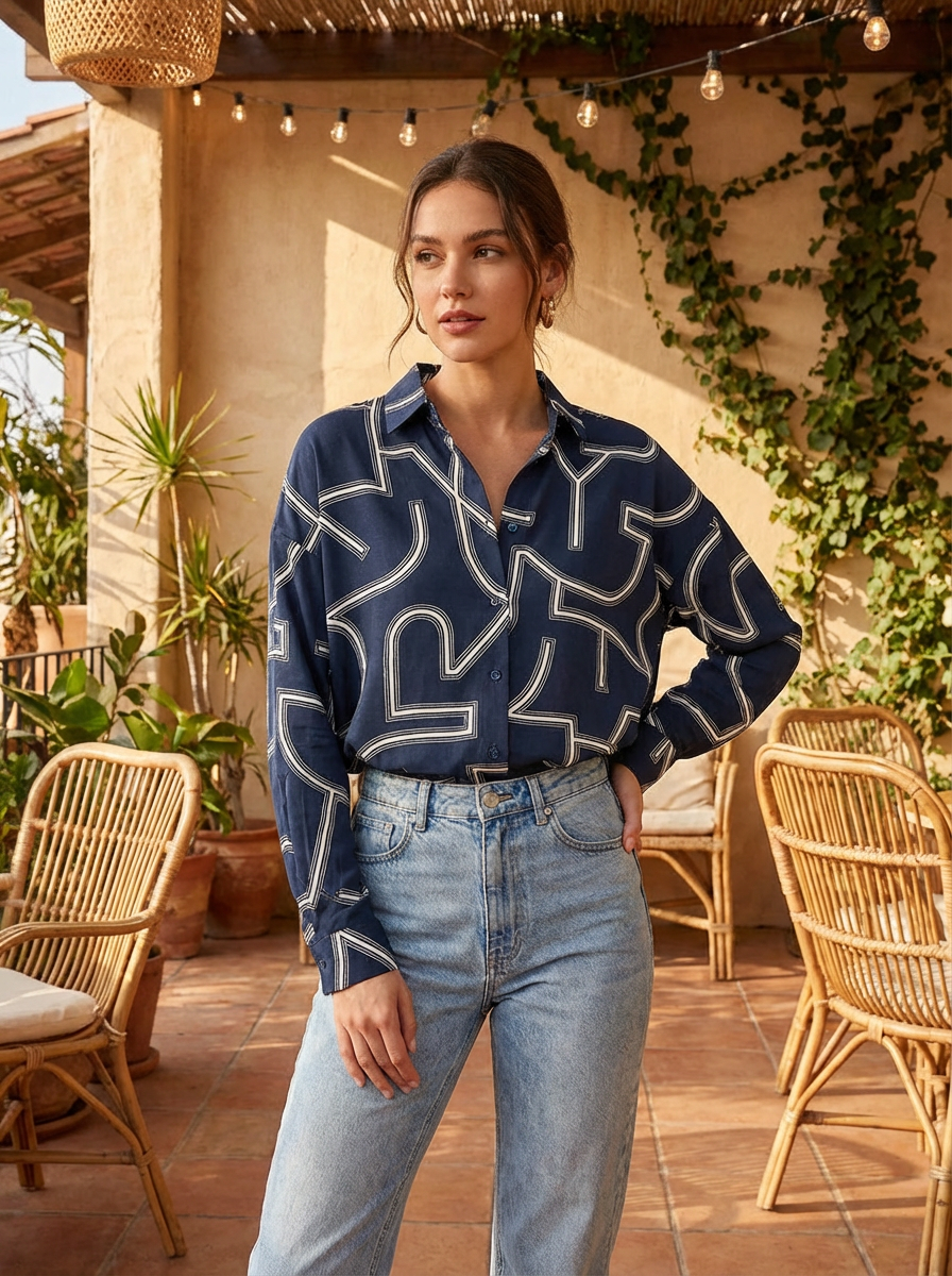 Women's Long Sleeve Collared Button-Up Top