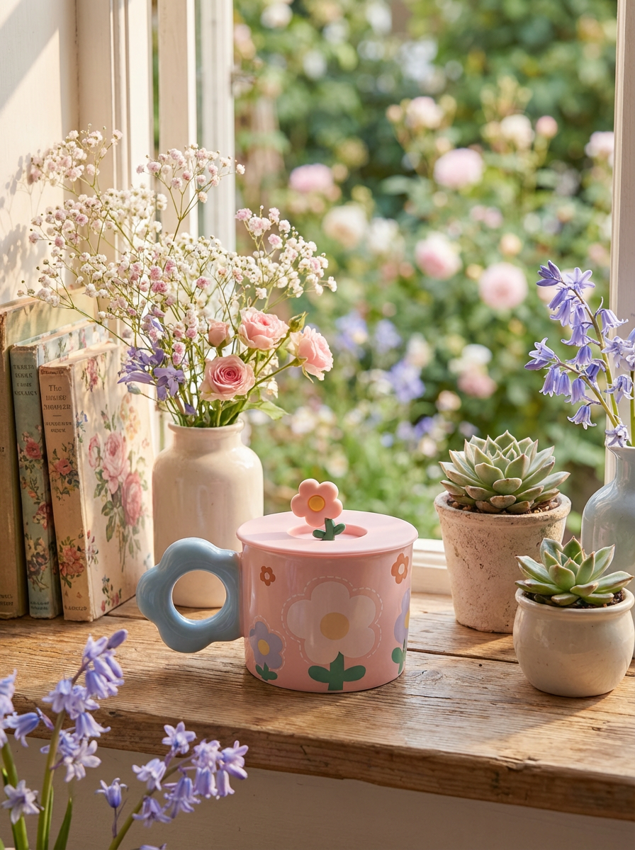 Kawaii Pastel Pink Floral Ceramic Mug with Lid – Cute Flower Handle Coffee Cup