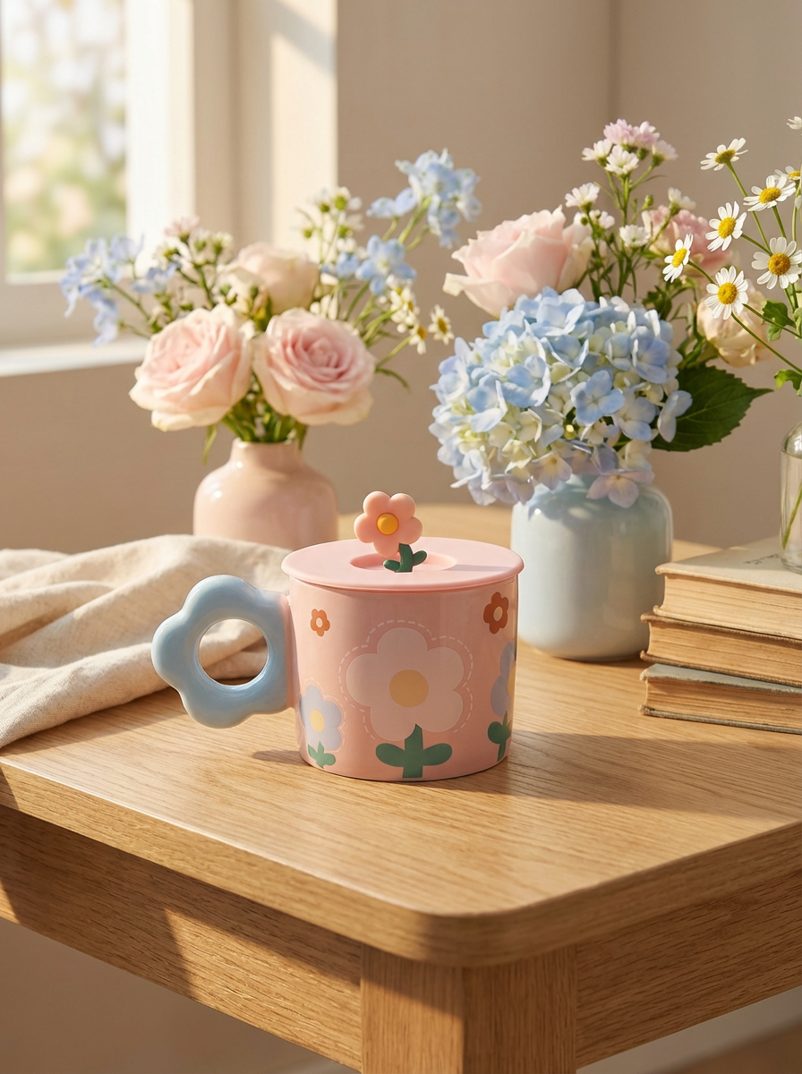 Kawaii Pastel Pink Floral Ceramic Mug with Lid – Cute Flower Handle Coffee Cup