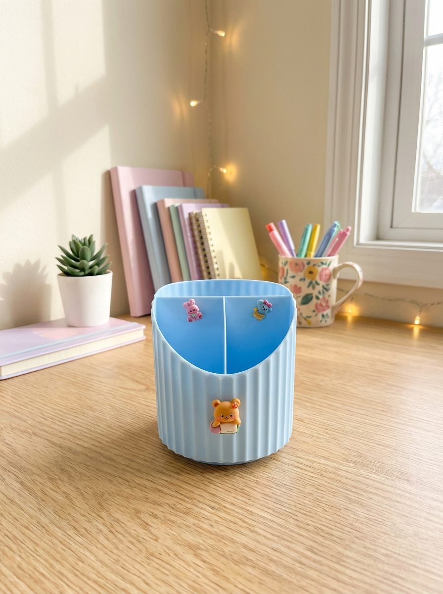 Kawaii 3-Compartment Blue Desk Organizer