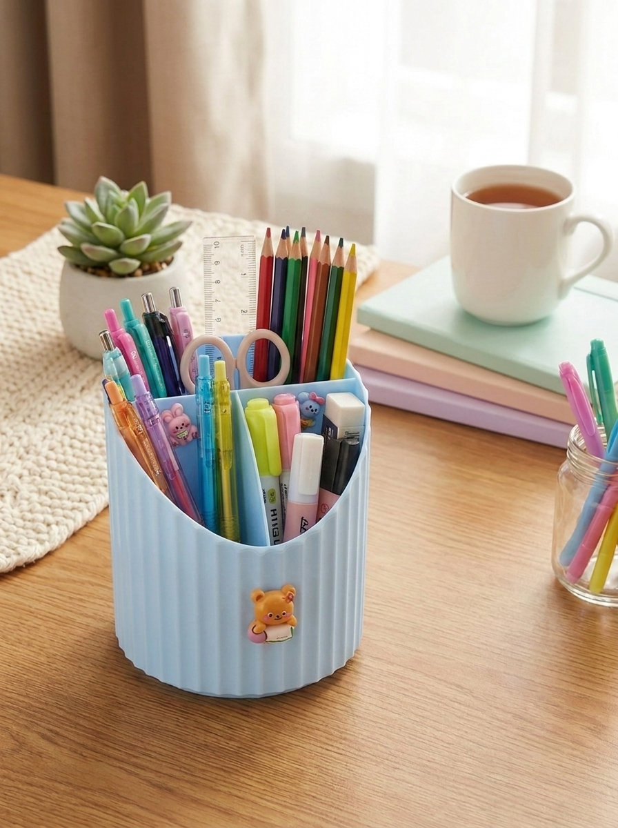 Kawaii 3-Compartment Blue Desk Organizer