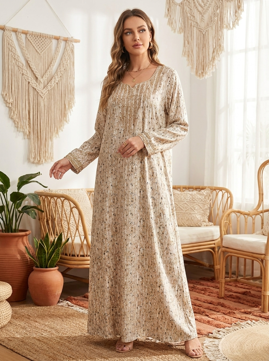Elegant Embroidered Long Maxi Dress Modest Arabic Style Jalabiya FineLook Elegant Embroidered Long Maxi Dress Modest Arabic Style Jalabiya FineLook