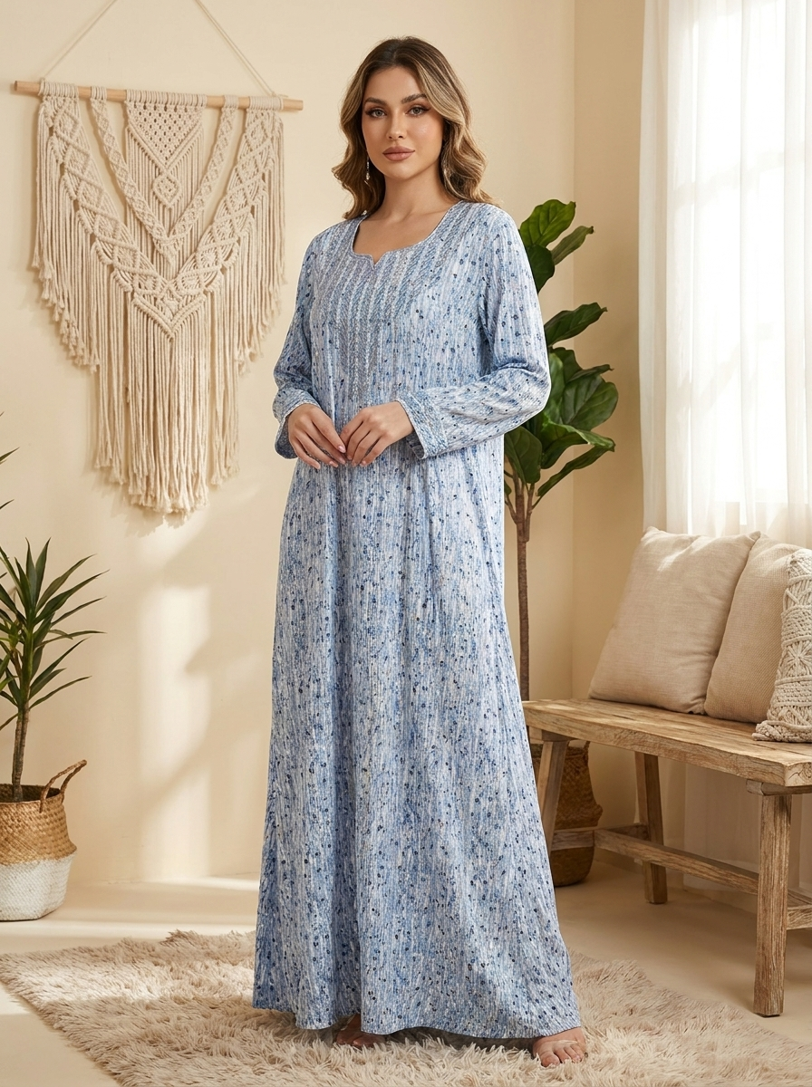 Elegant Embroidered Long Maxi Dress Modest Arabic Style Jalabiya FineLook Elegant Embroidered Long Maxi Dress Modest Arabic Style Jalabiya FineLook