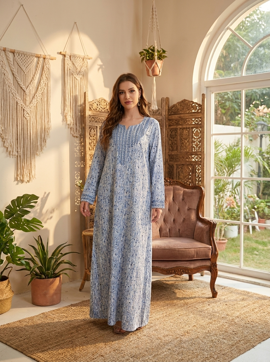 Elegant Embroidered Long Maxi Dress – Modest Arabic Style Jalabiya