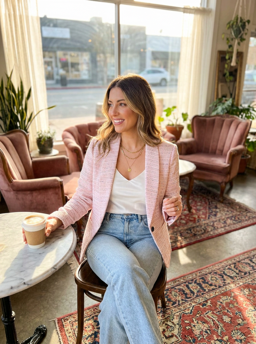 Women’s Elegant Pink Tweed Blazer – Single Button Textured Professional Jacket