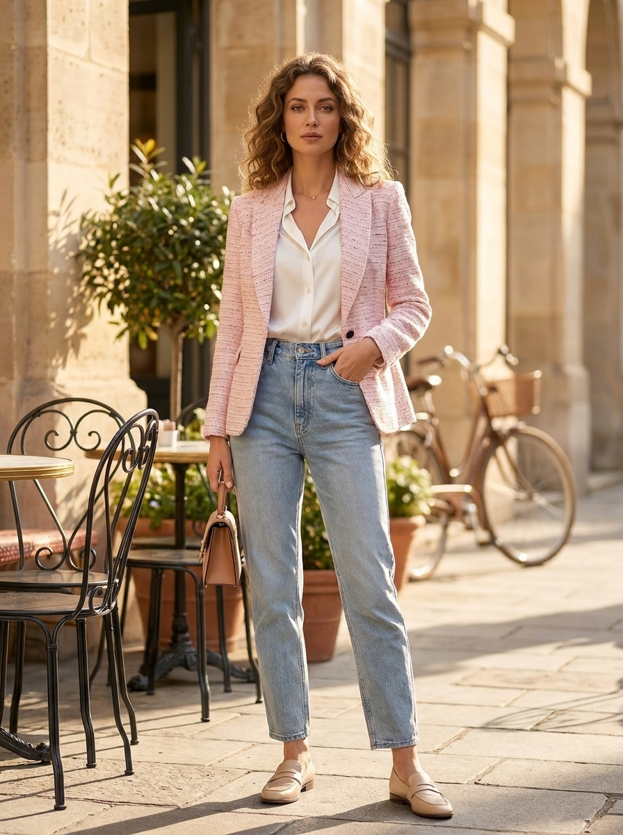 Women’s Elegant Pink Tweed Blazer – Single Button Textured Professional Jacket