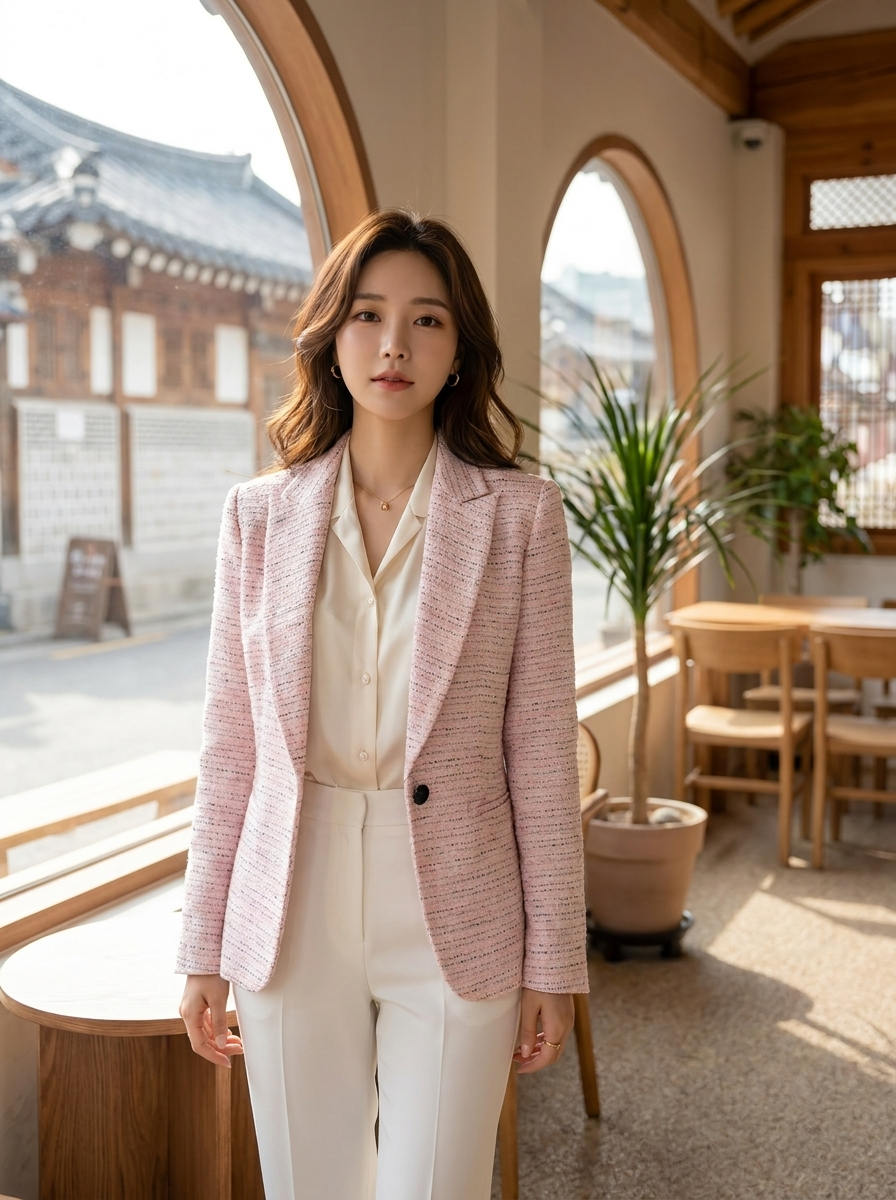 Women’s Elegant Pink Tweed Blazer – Single Button Textured Professional Jacket