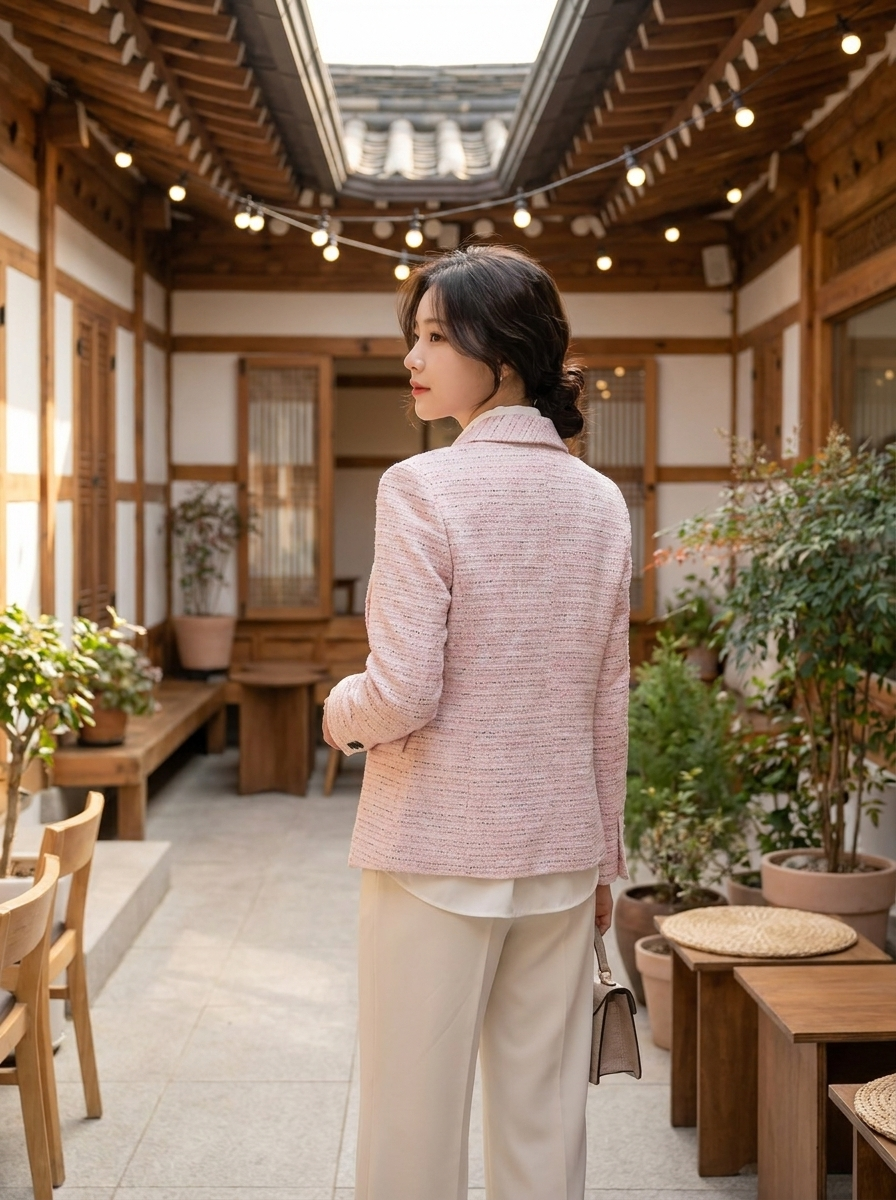Women’s Elegant Pink Tweed Blazer – Single Button Textured Professional Jacket