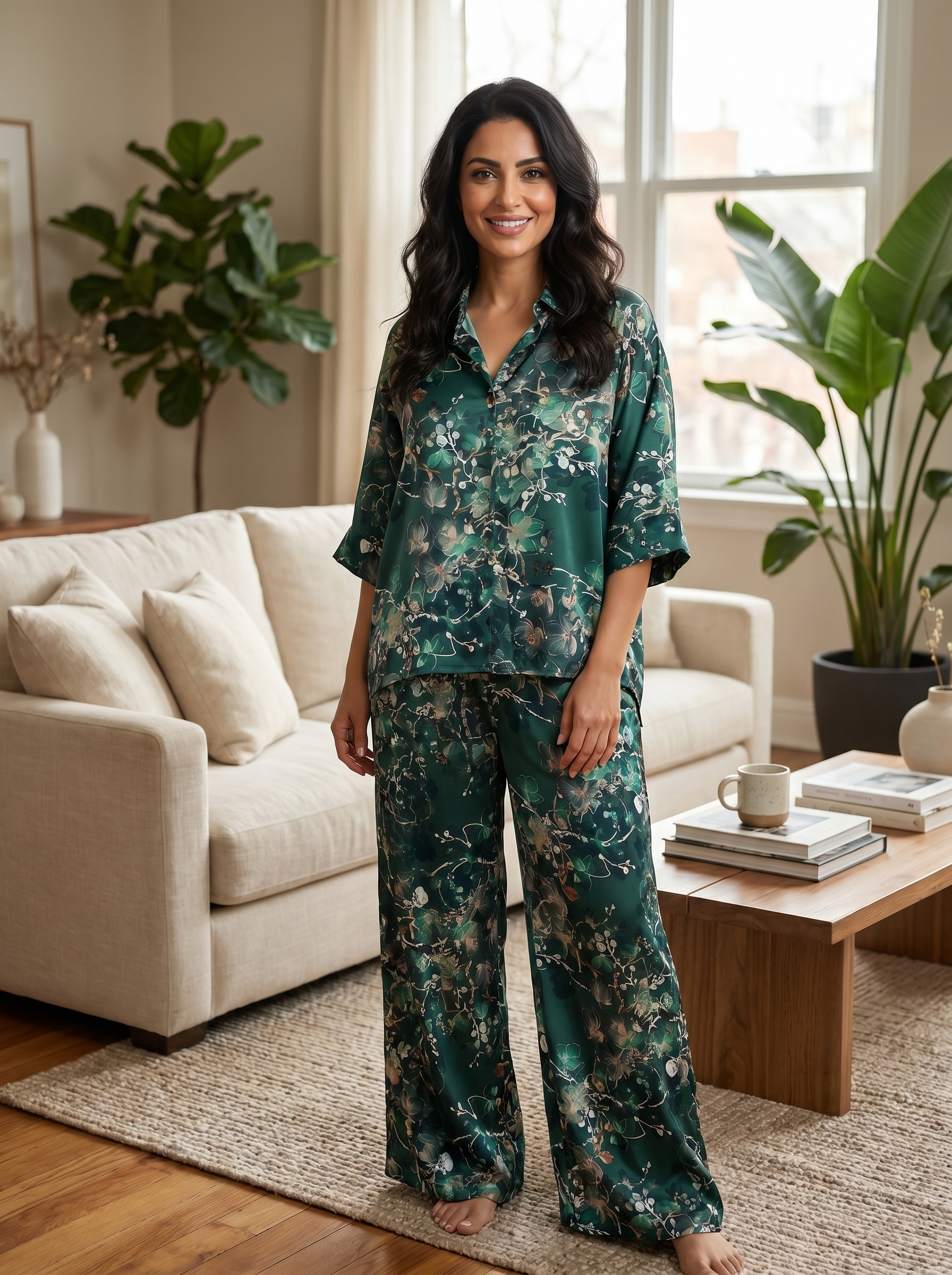 Luxury Floral Satin Pajama Set for Women – Elegant Green Nightwear Lounge Set