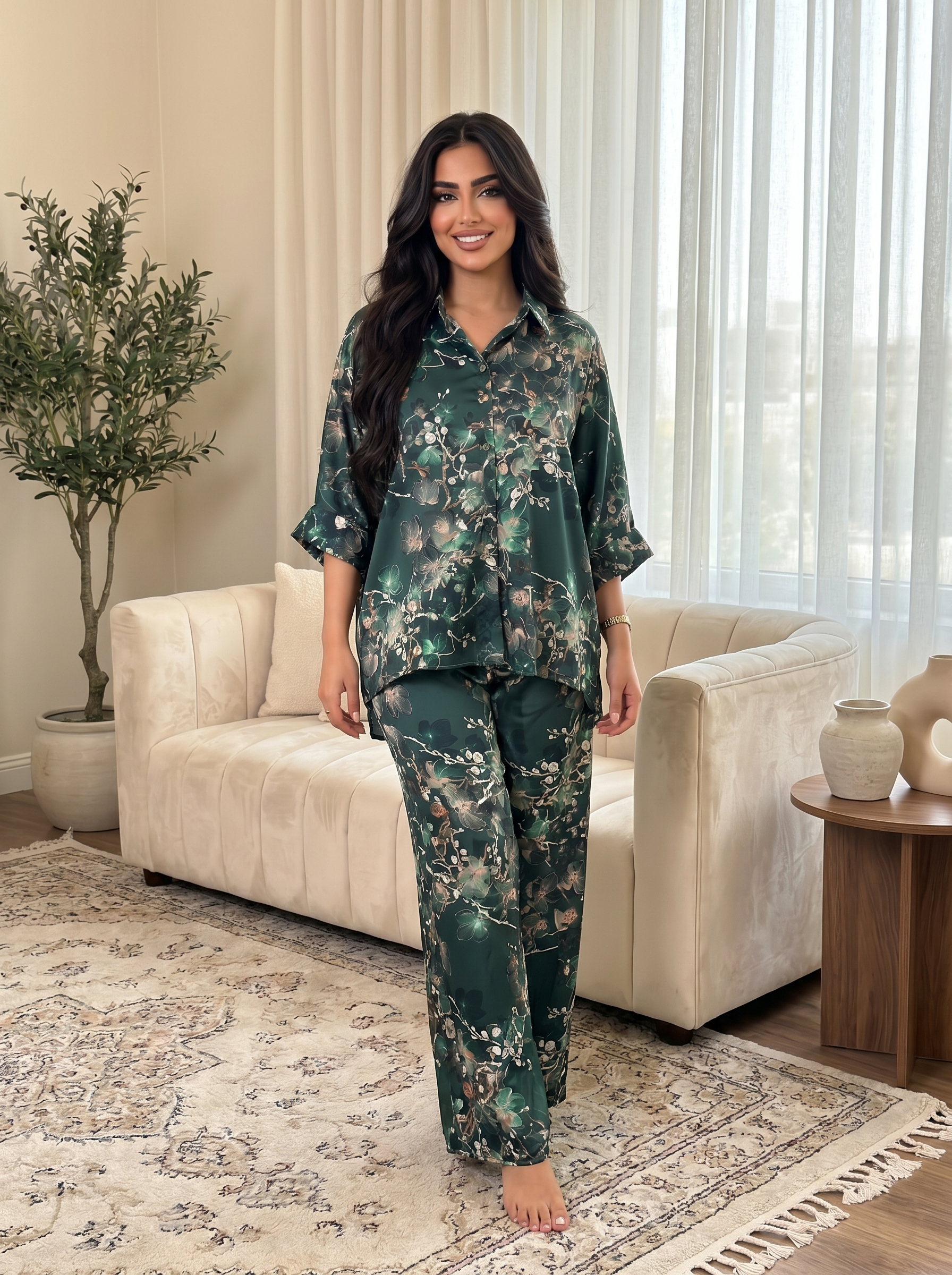 Luxury Floral Satin Pajama Set for Women – Elegant Green Nightwear Lounge Set