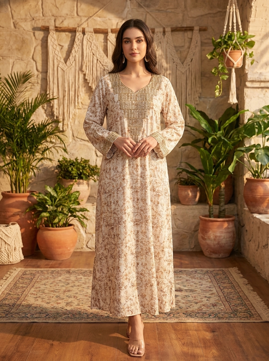 Floral V-Neck Maxi Kaftan Dress - Floral Print