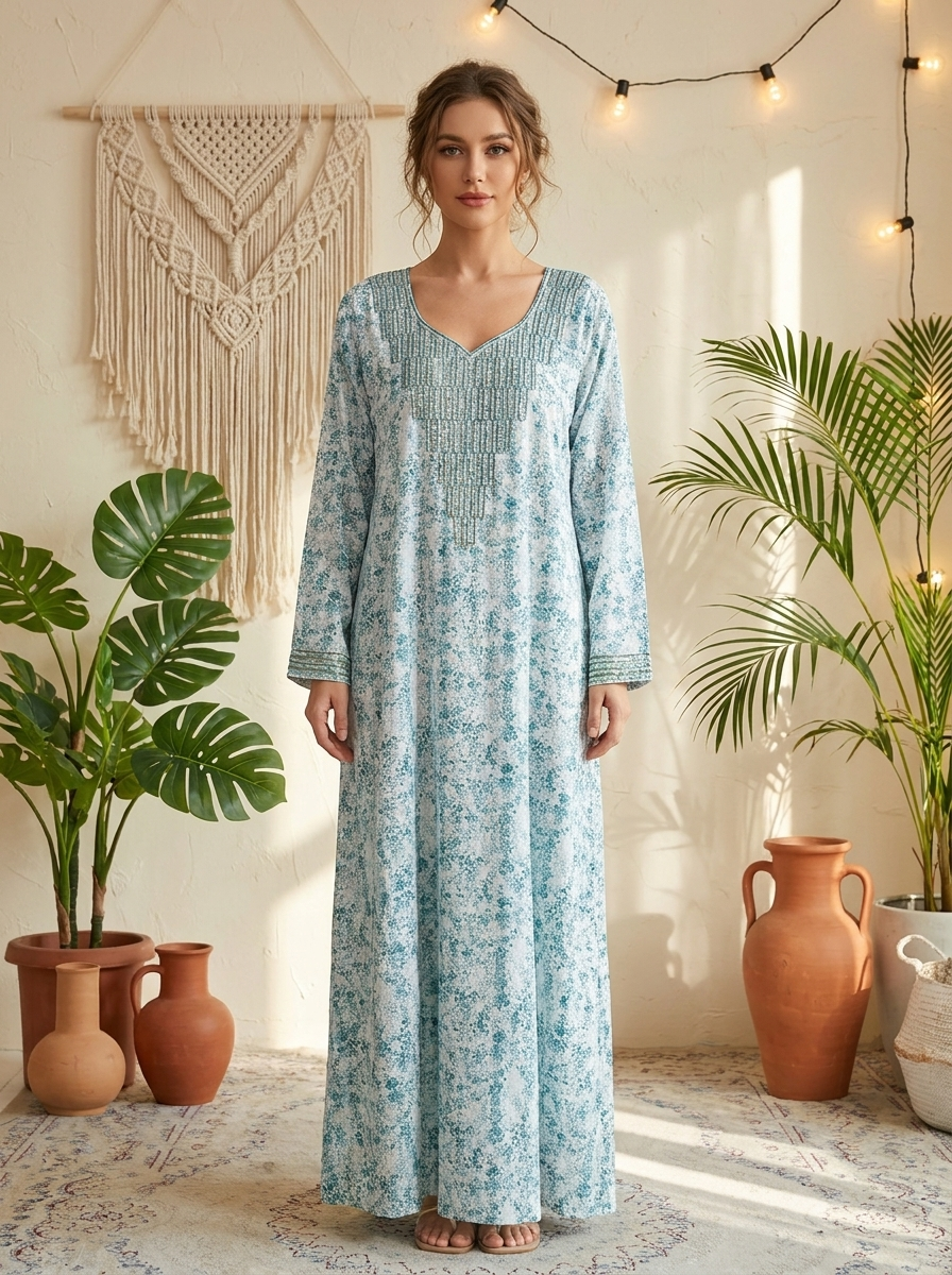 floral print v neck maxi dress Floral V-Neck Maxi Kaftan Dress