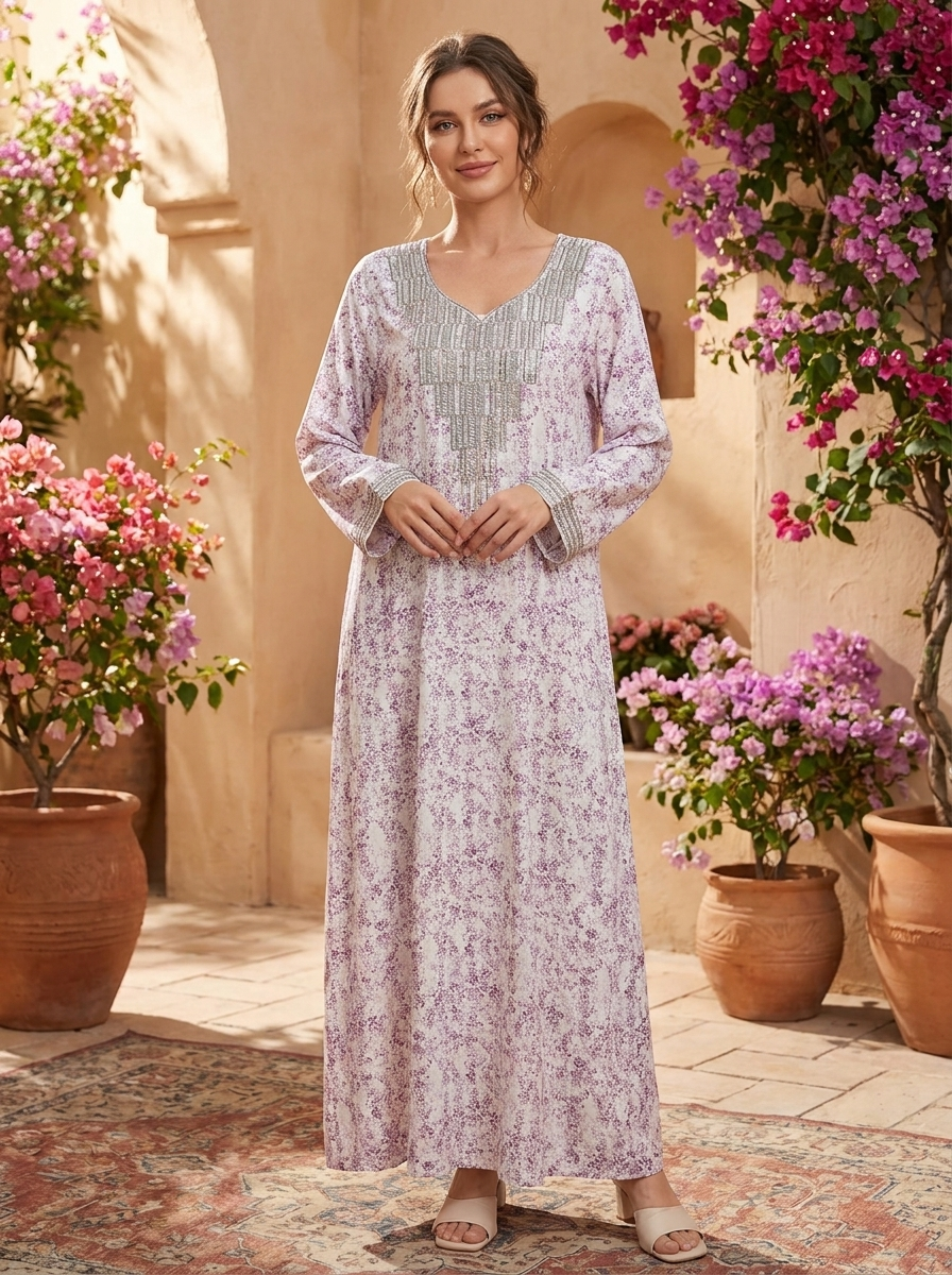 Floral V-Neck Maxi Kaftan Dress - Floral Print