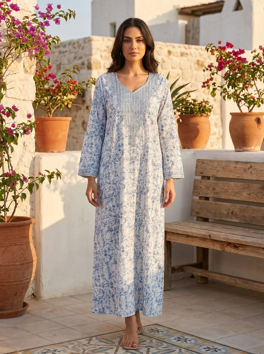 Floral V-Neck Maxi Kaftan Dress - Floral Print