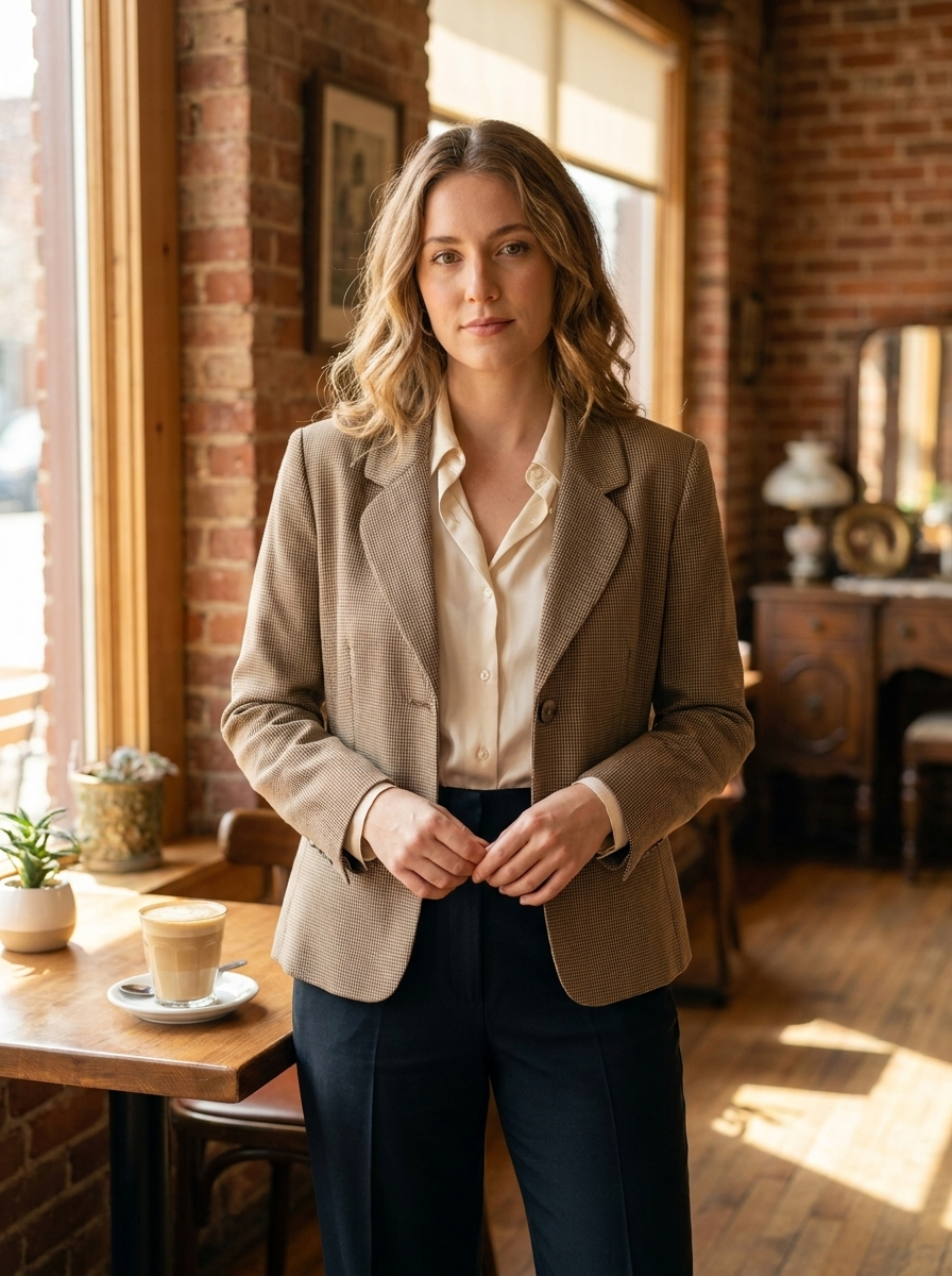 Women’s Vintage-Inspired Houndstooth Blazer – Classic Tan Plaid Tailored Jacket