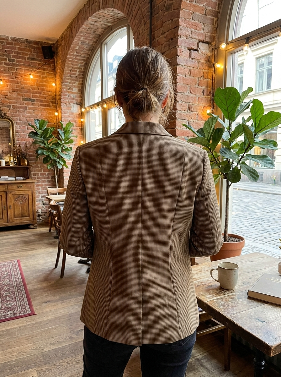 Women’s Vintage-Inspired Houndstooth Blazer – Classic Tan Plaid Tailored Jacket