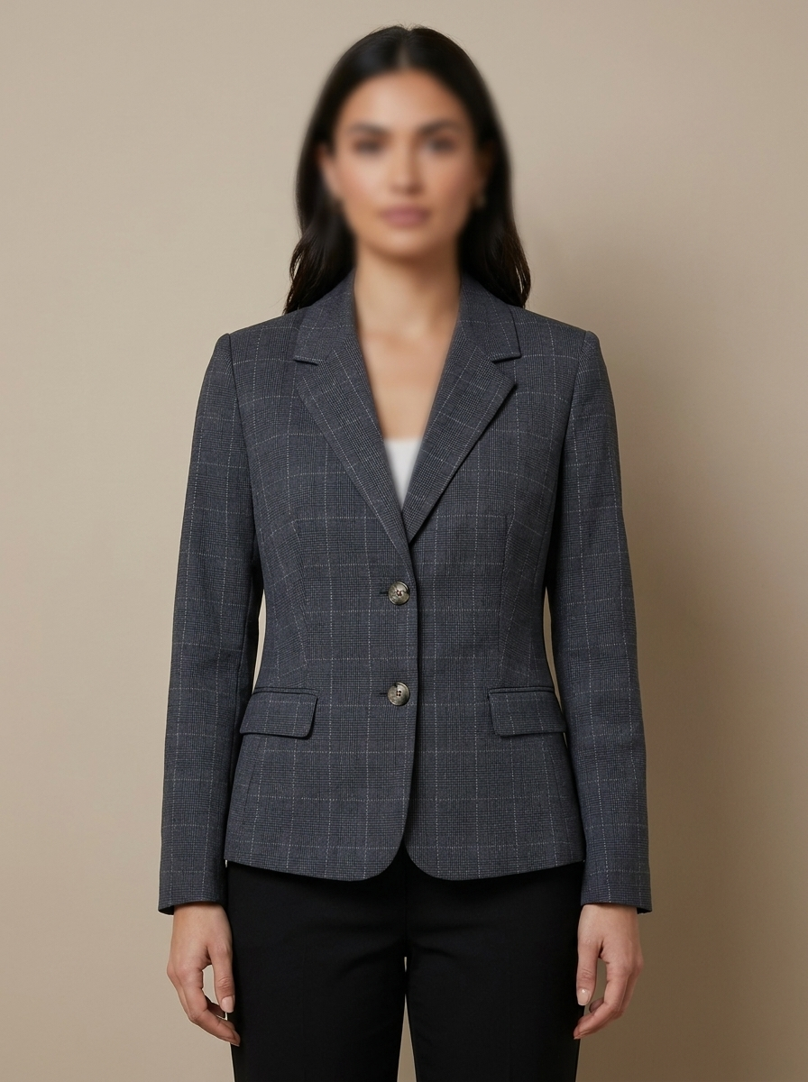 Women’s Tailored Plaid Office Blazer – Slim-Fit Grey Executive Suit Jacket