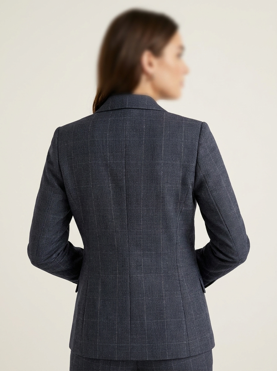 Women’s Tailored Plaid Office Blazer – Slim-Fit Grey Executive Suit Jacket