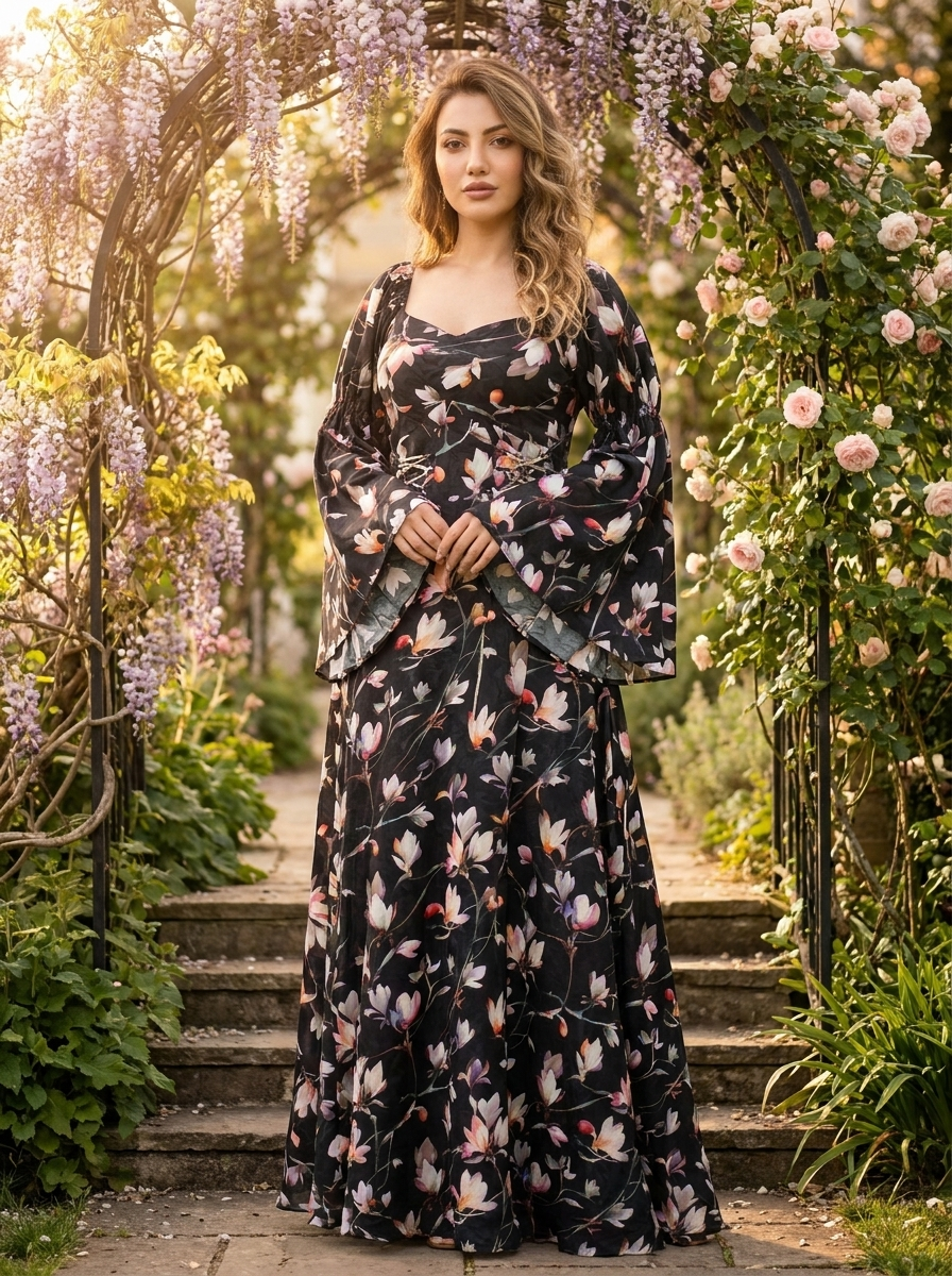 Midnight Bloom Flowy Maxi Dress – Black Floral Elegance – FineLook