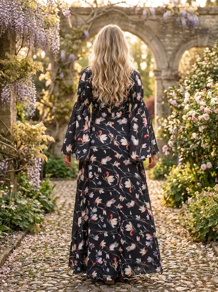 Midnight Bloom Flowy Maxi Dress – Black Floral Elegance