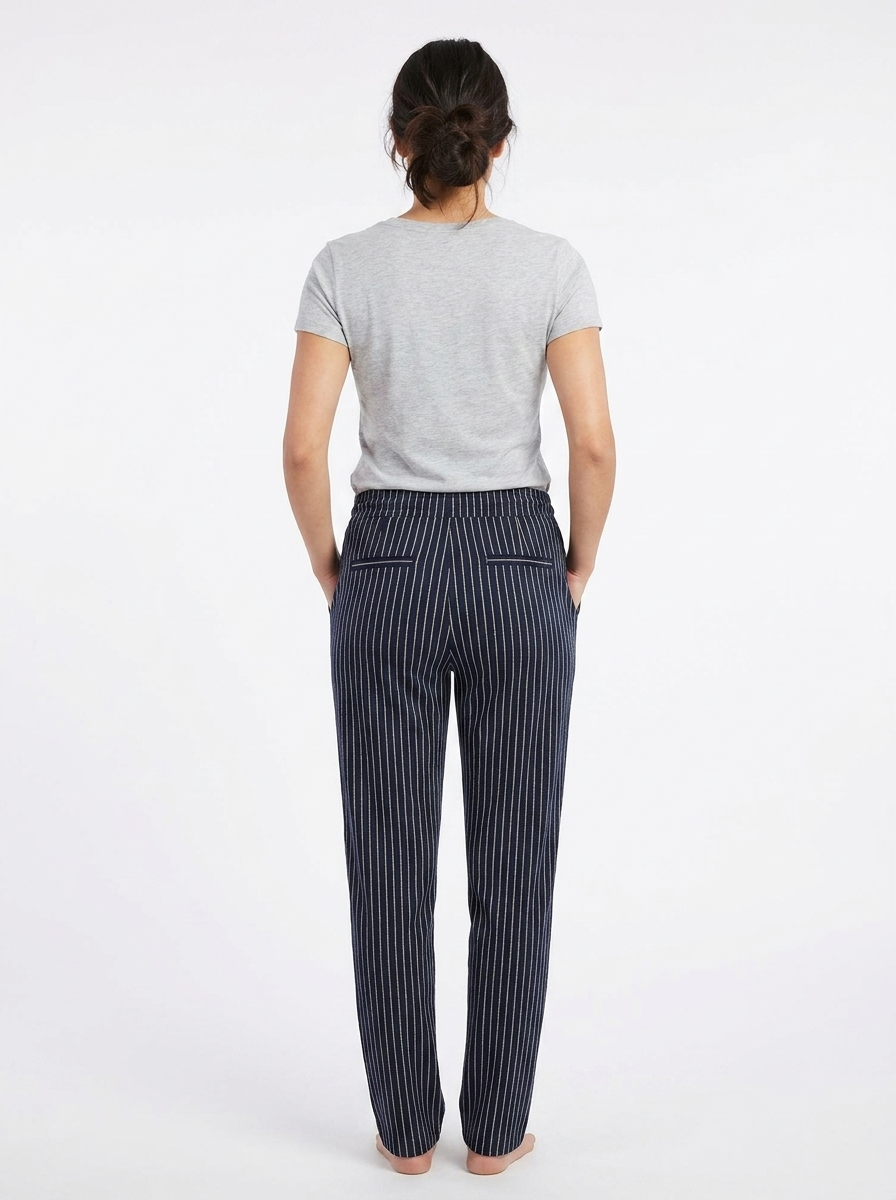 Men’s Slim-Fit Pinstripe Joggers – Navy Blue Vertical Stripe Lounge Pants with Elastic Drawstring Waist