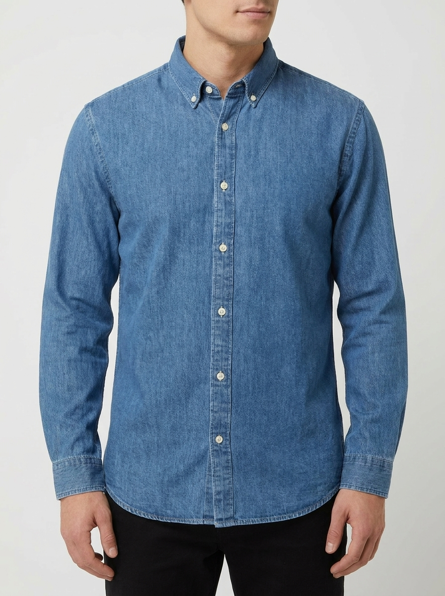 Men's Classic Denim Long Sleeve Button-Down Shirt