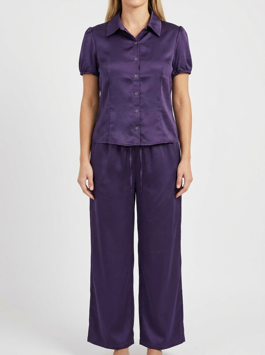 Women's 2-Piece Chic Loungewear Set – Puff Sleeve Blouse & Wide-Leg Trousers