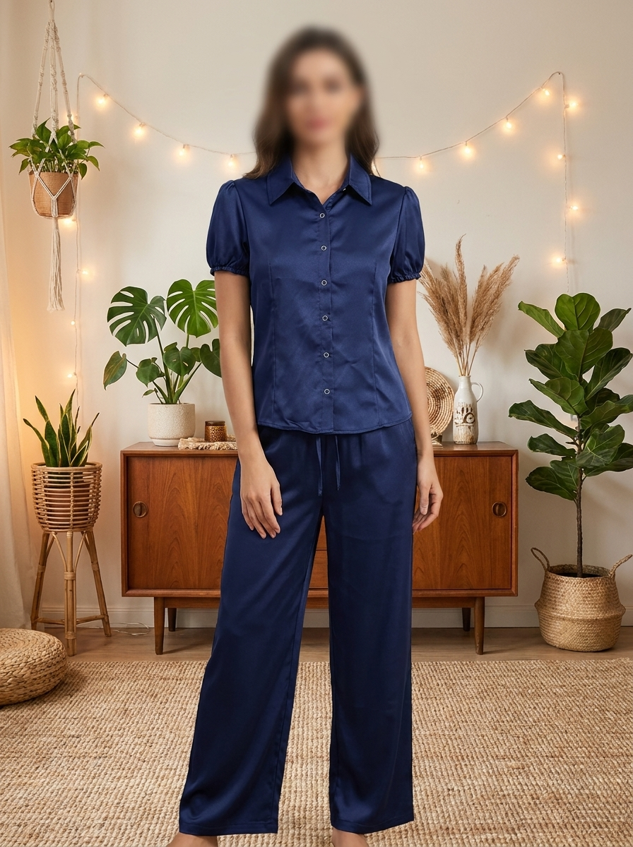 Women's 2-Piece Chic Loungewear Set – Puff Sleeve Blouse & Wide-Leg Trousers