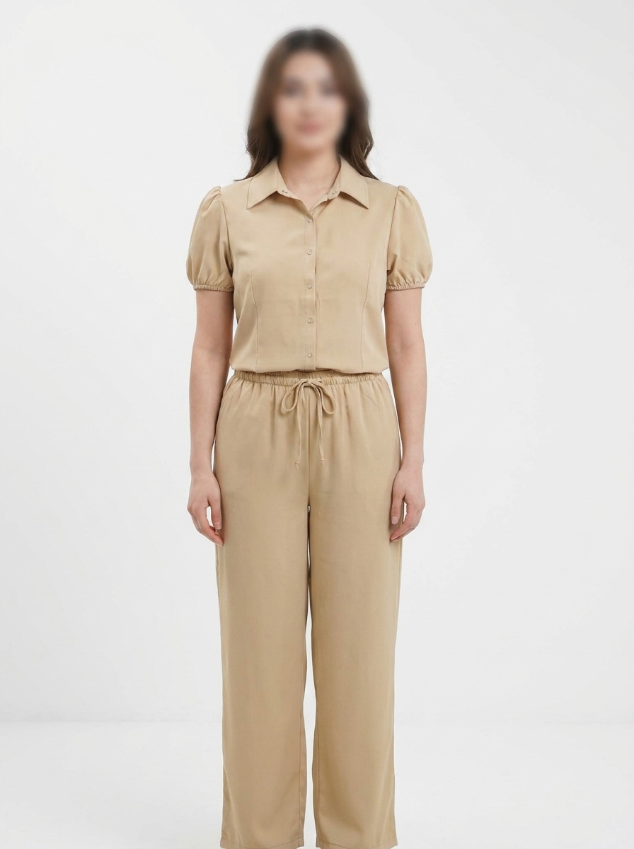 Women's 2-Piece Chic Loungewear Set – Puff Sleeve Blouse & Wide-Leg Trousers