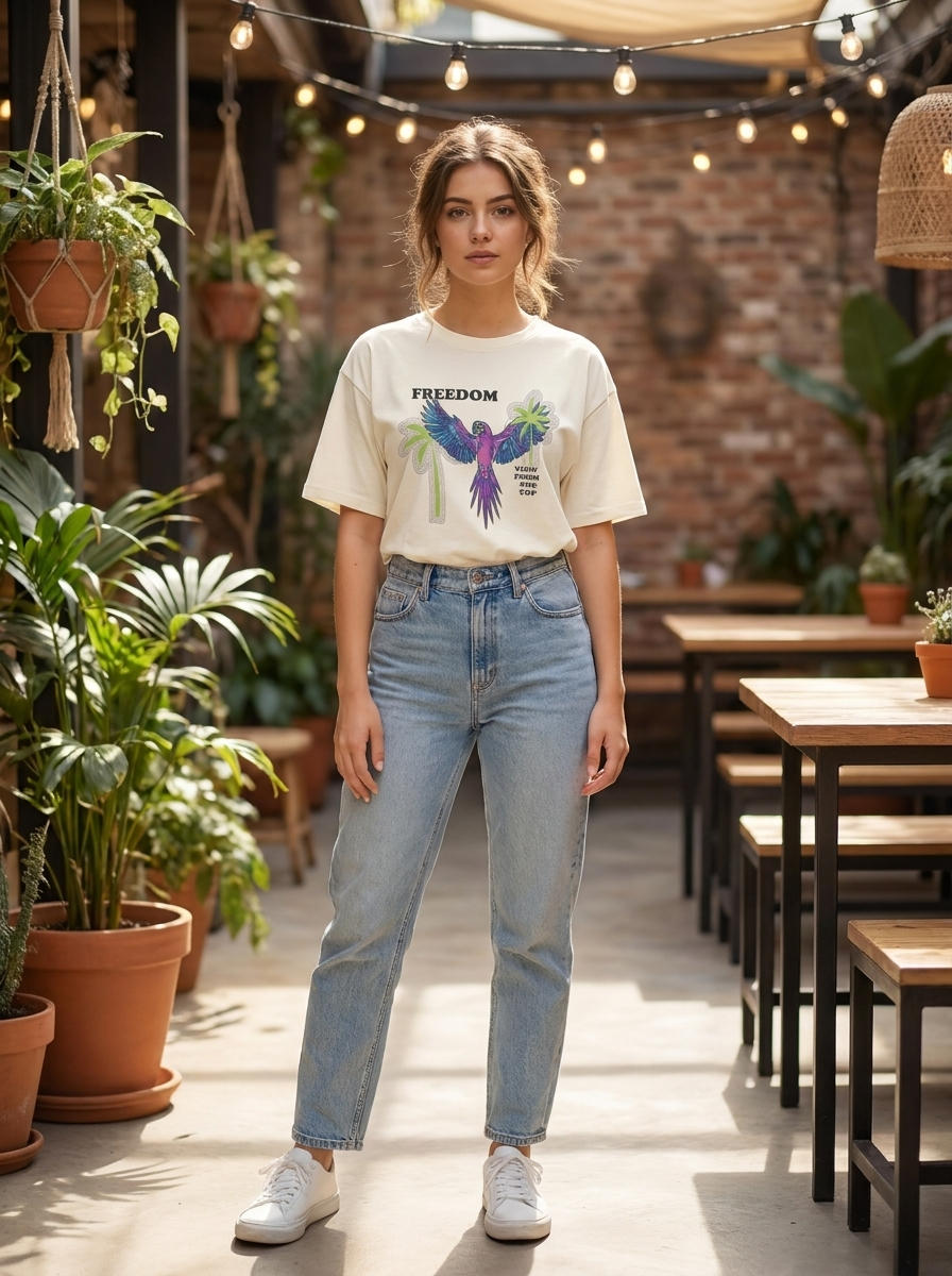 Women's Oversized Graphic Tee – Pink "Freedom" Parrot & Palm Edition