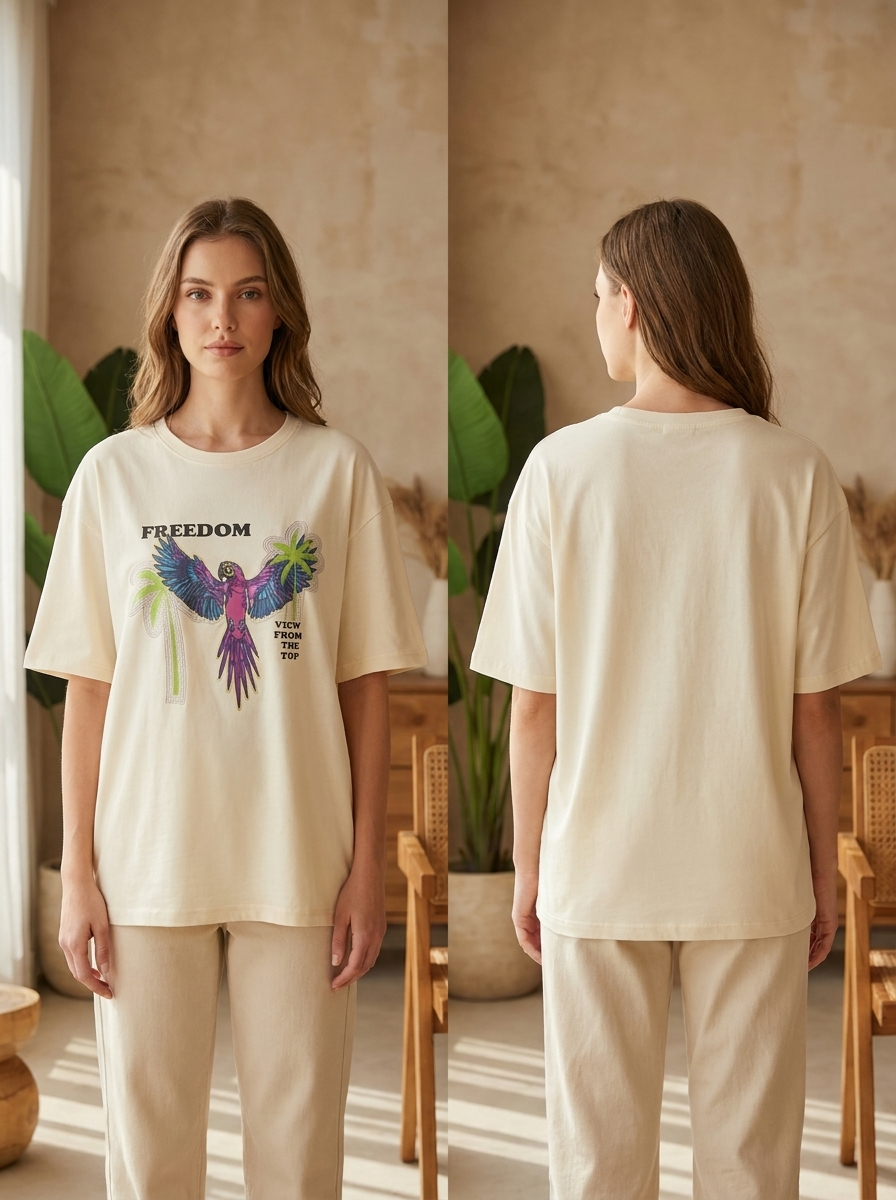 Women's Oversized Graphic Tee – Pink "Freedom" Parrot & Palm Edition