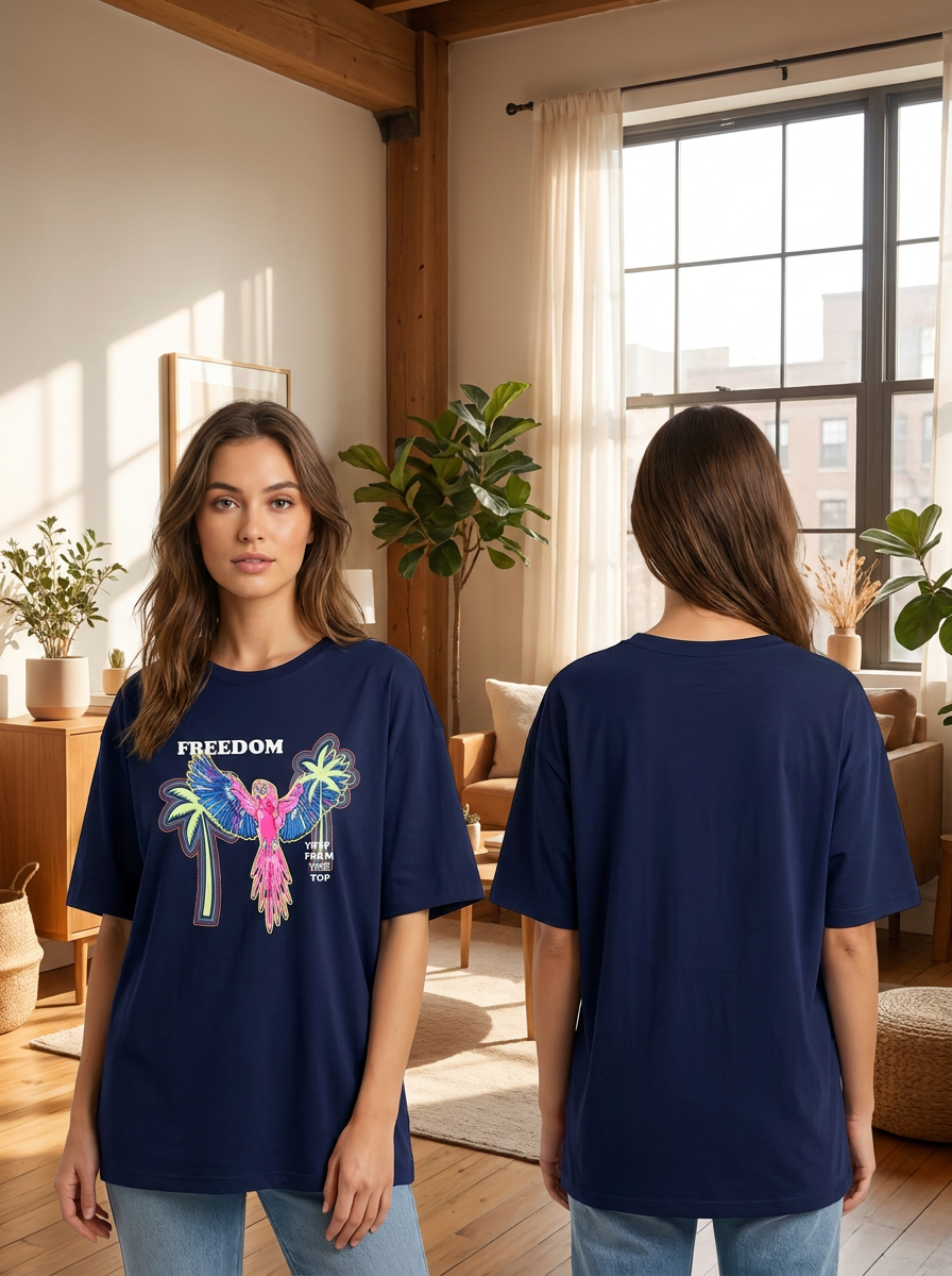 Women's Oversized Graphic Tee – Pink "Freedom" Parrot & Palm Edition