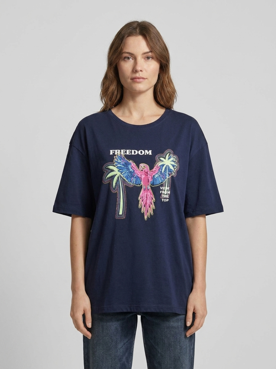 Women's Oversized Graphic Tee – Pink "Freedom" Parrot & Palm Edition